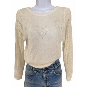 Vintage 70s 80s Boho Cottage Preppy Cream White Thin Knit Embroidered Sweater